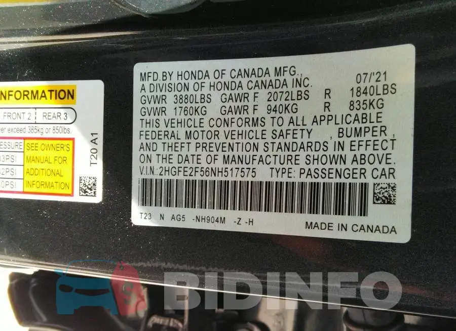 2HGFE2F56NH517575 Photo# 9