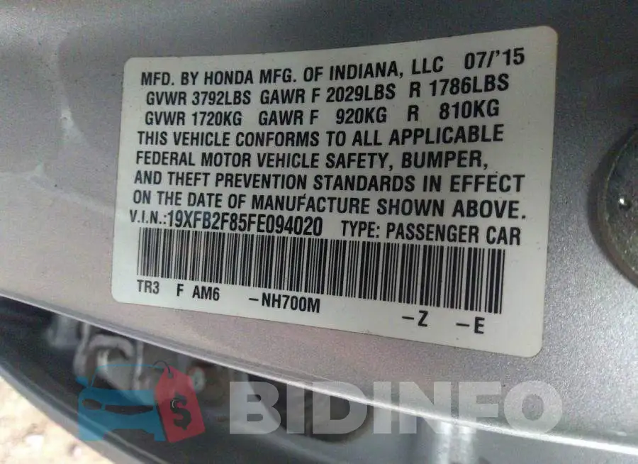 19XFB2F85FE094020 Photo# 9
