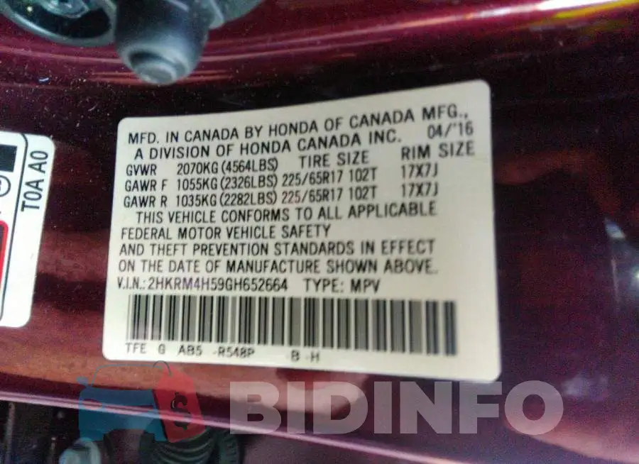 2HKRM4H59GH652664 Photo# 9
