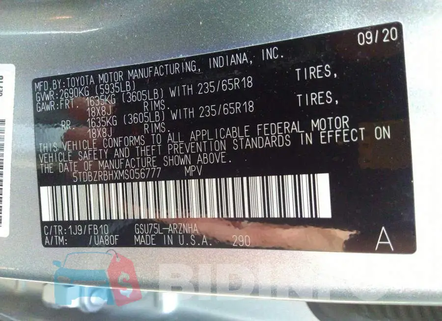5TDBZRBHXMS056777 Photo# 9