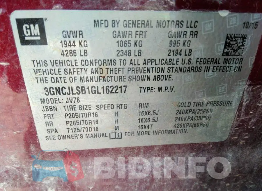 3GNCJLSB1GL162217 Photo# 9