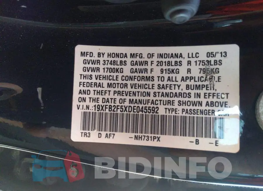19XFB2F5XDE045592 Photo# 9