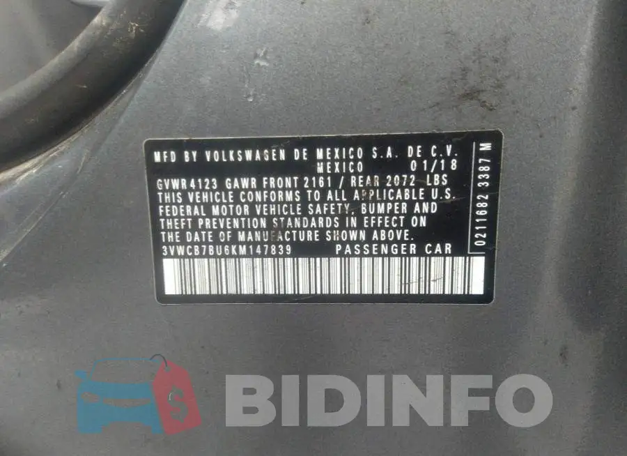 3VWCB7BU6KM147839 Photo# 9