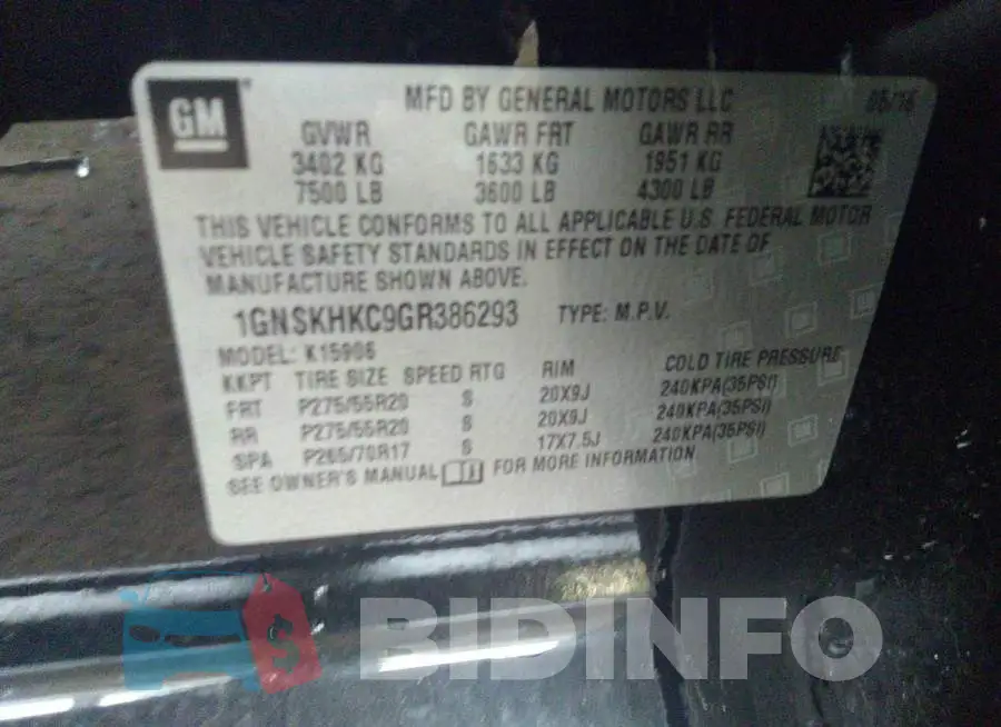 1GNSKHKC9GR386293 Photo# 9