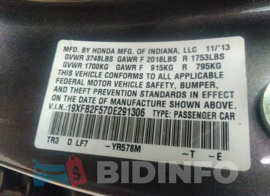 19XFB2F57DE291306 Photo# 9