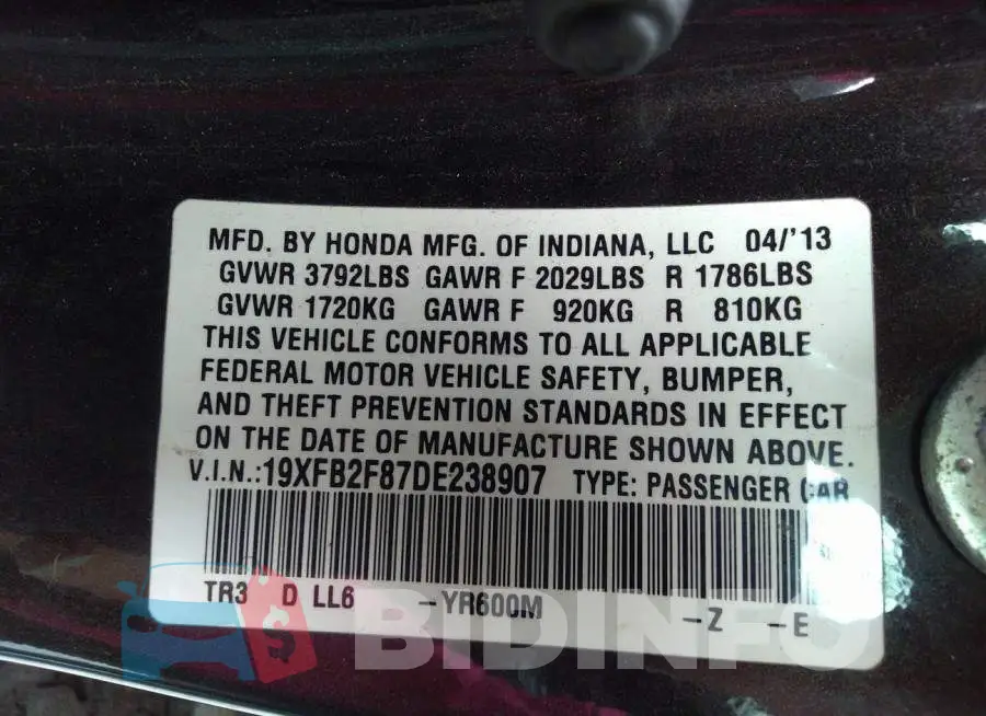 19XFB2F87DE238907 Photo# 9