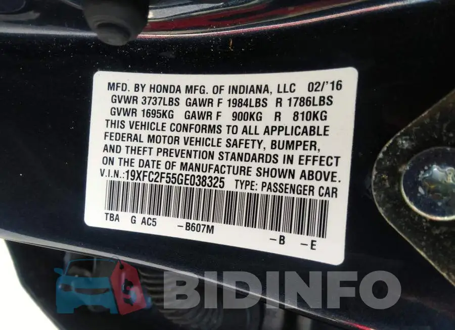 19XFC2F55GE038325 Photo# 9