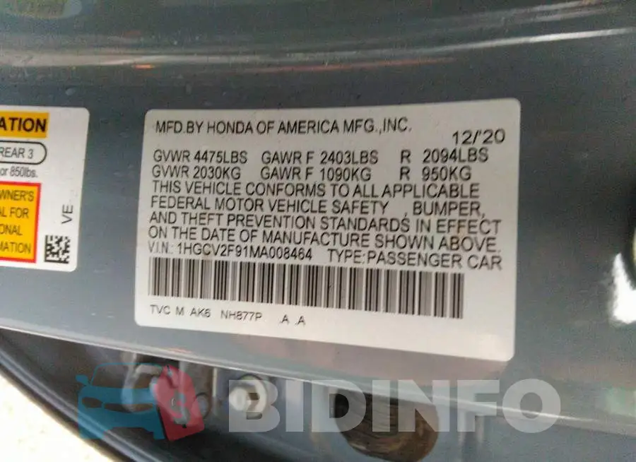 1HGCV2F91MA008464 Photo# 9