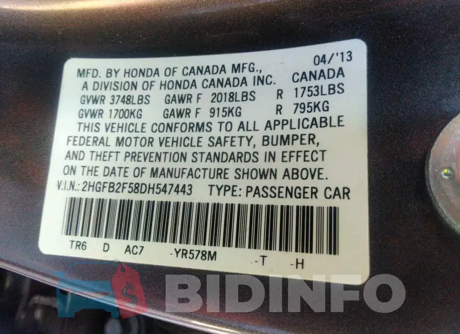 2HGFB2F58DH547443 Photo# 9