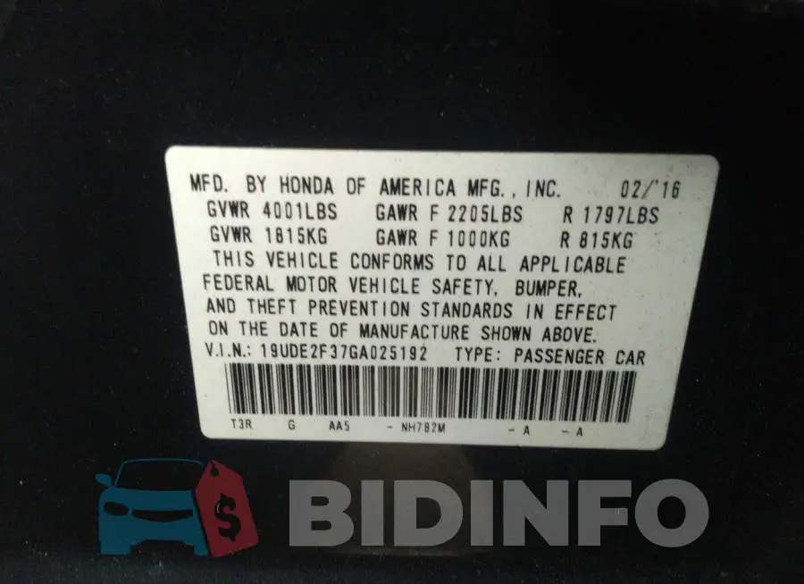19UDE2F37GA025192 Photo# 9