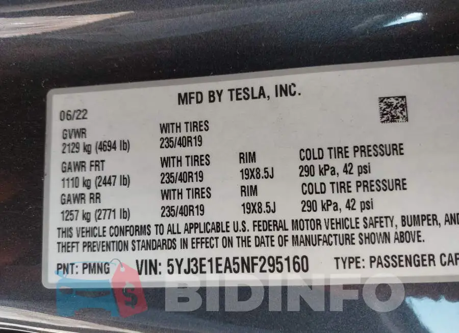 5YJ3E1EA5NF295160 Photo# 9
