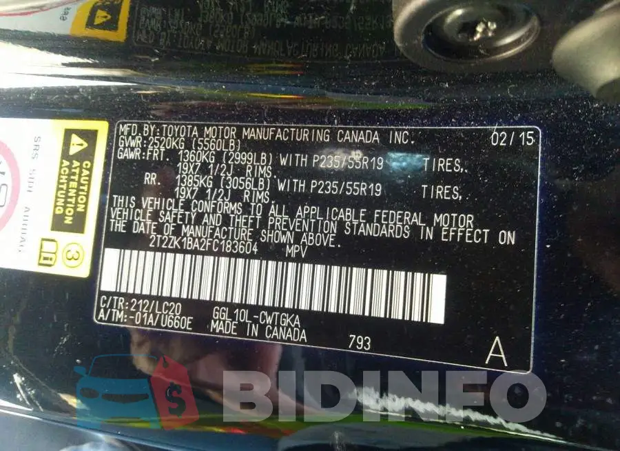 2T2ZK1BA2FC183604 Photo# 9