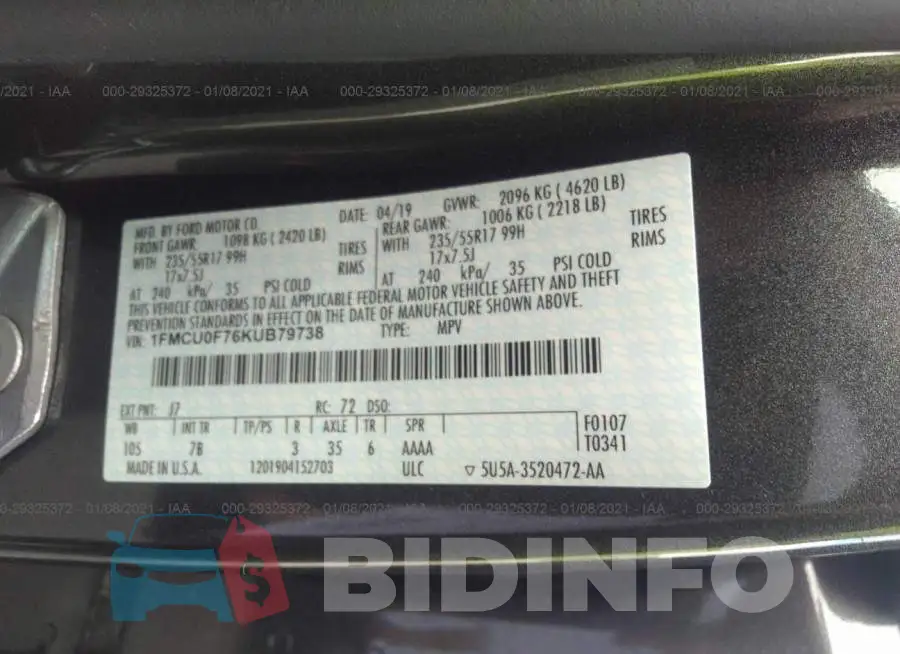 1FMCU0F76KUB79738 Photo# 9