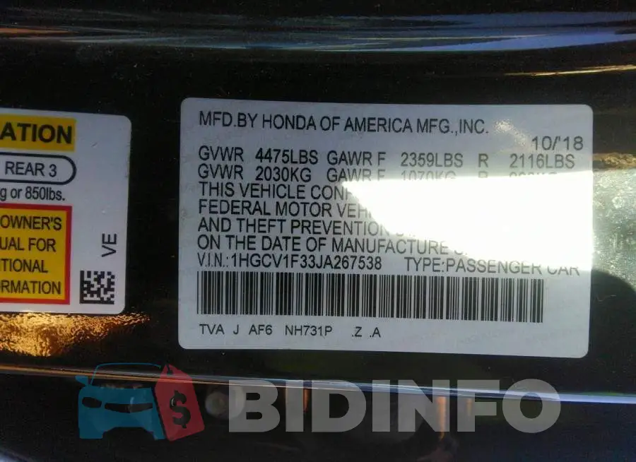 1HGCV1F33JA267538 Photo# 9