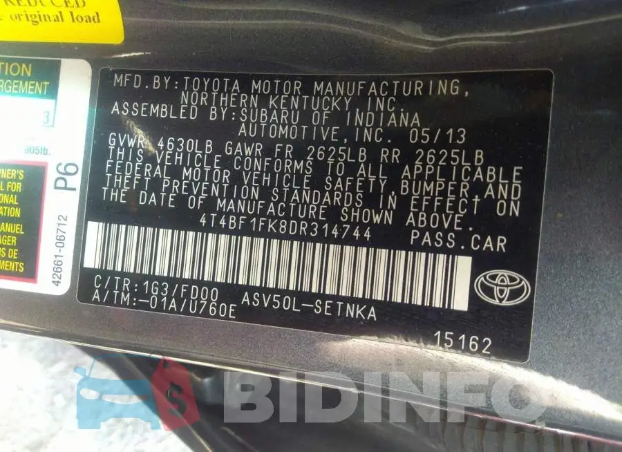 4T4BF1FK8DR314744 Photo# 9