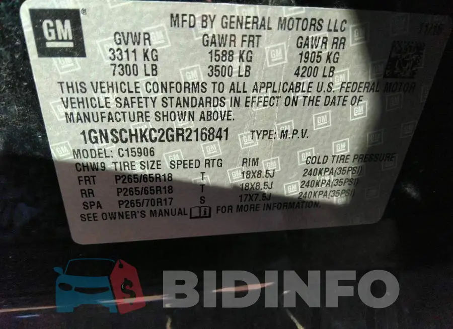 1GNSCHKC2GR216841 Photo# 9