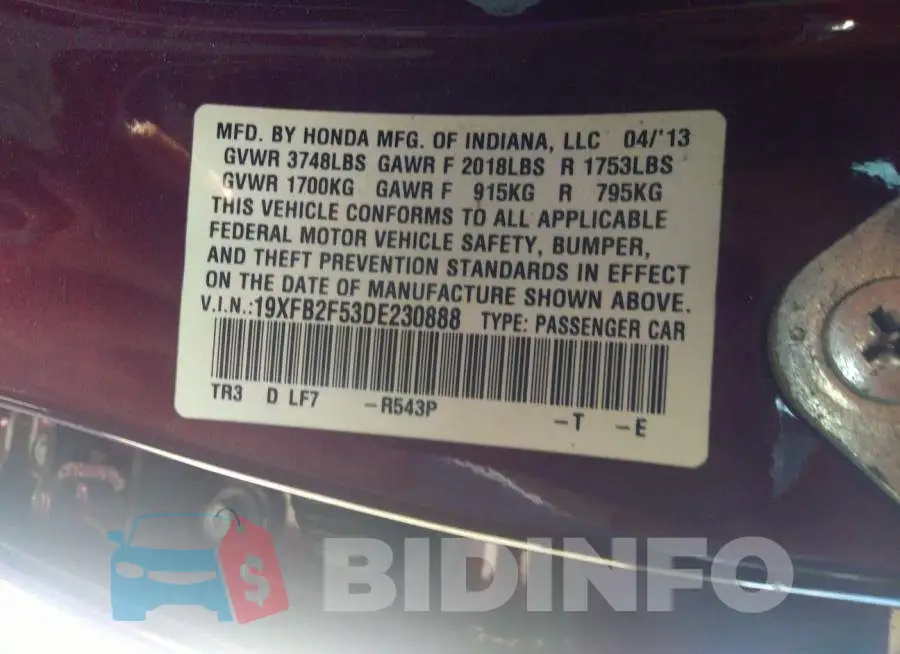 19XFB2F53DE230888 Photo# 9