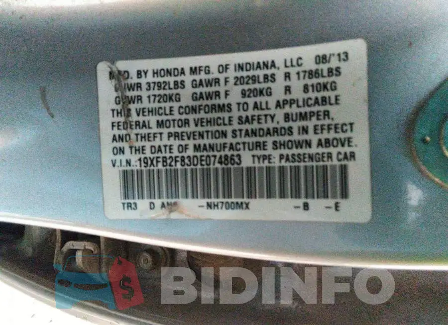 19XFB2F83DE074863 Photo# 9