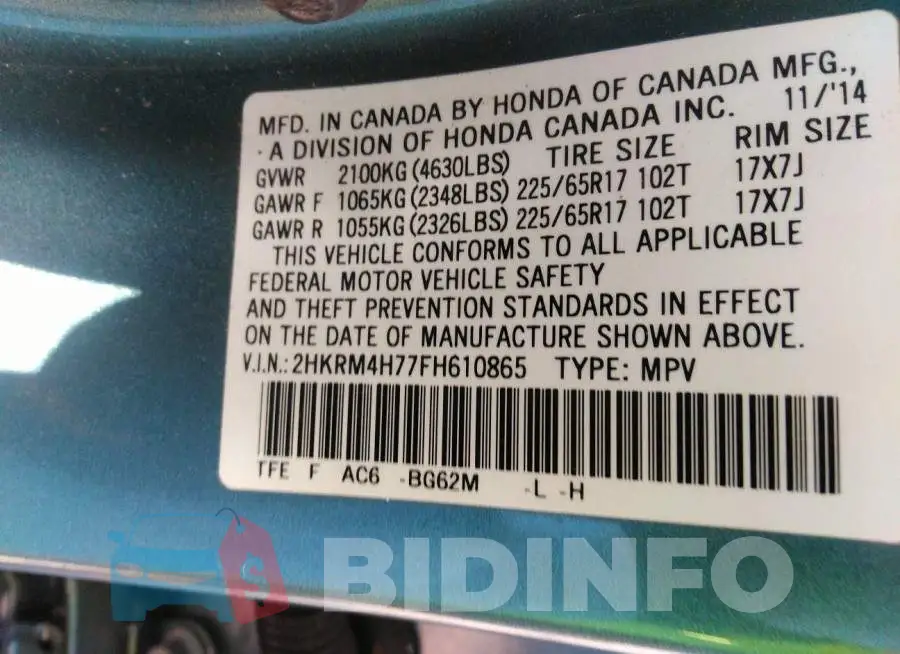 2HKRM4H77FH610865 Photo# 9