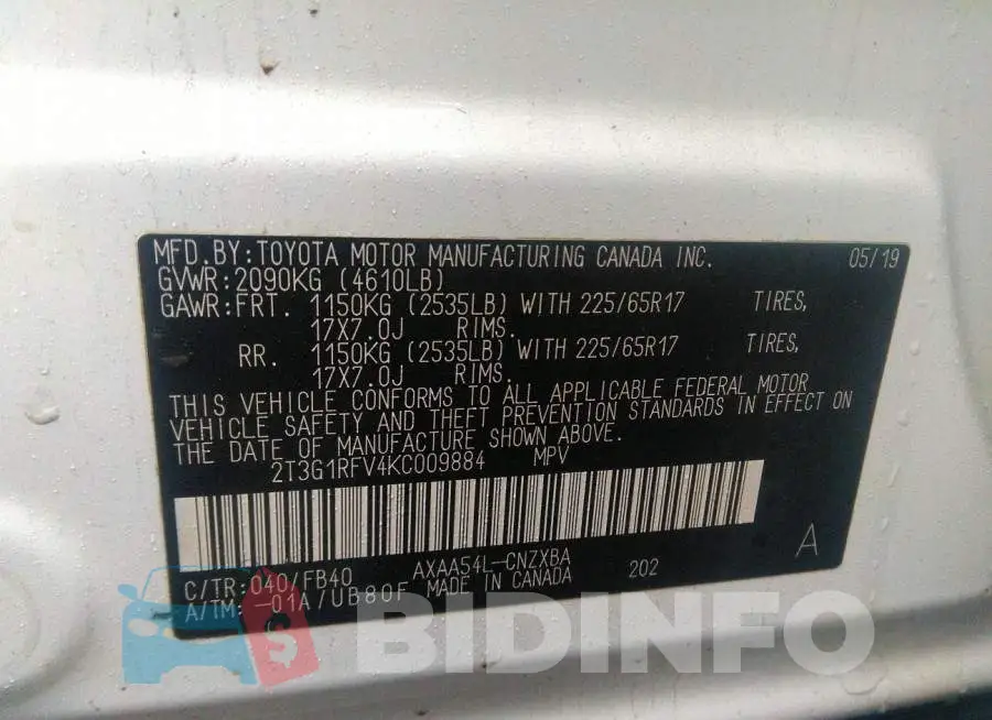 2T3G1RFV4KC009884 Photo# 9