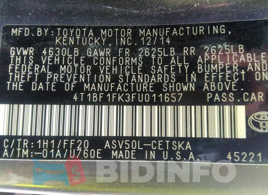 4T1BF1FK3FU011657 Photo# 9