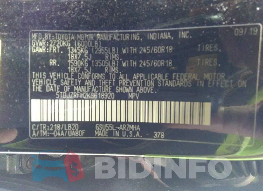 5TDJZRFH2KS618920 Photo# 9
