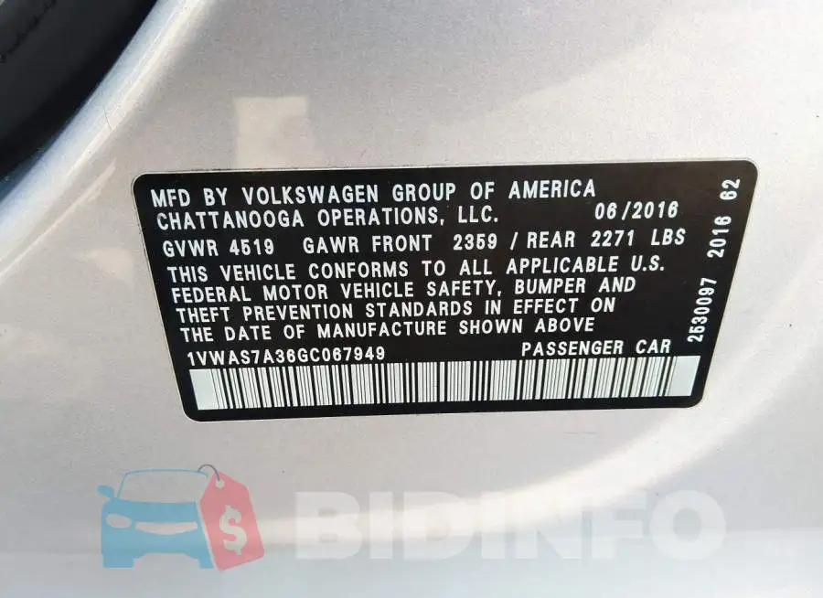 1VWAS7A36GC067949 Photo# 9