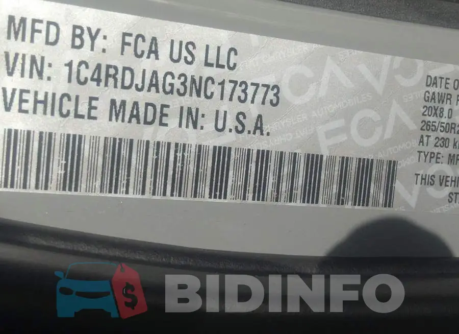 1C4RDJAG3NC173773 Photo# 9