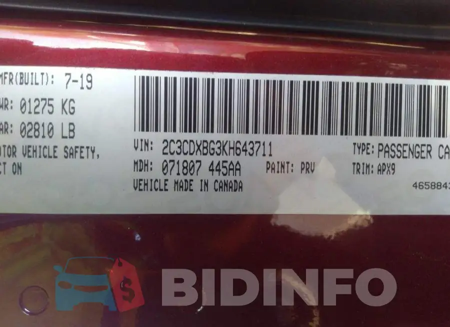 2C3CDXBG3KH643711 Photo# 9