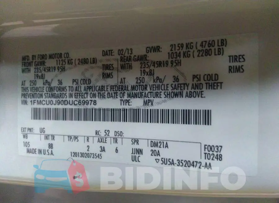 1FMCU0J90DUC69978 Photo# 9