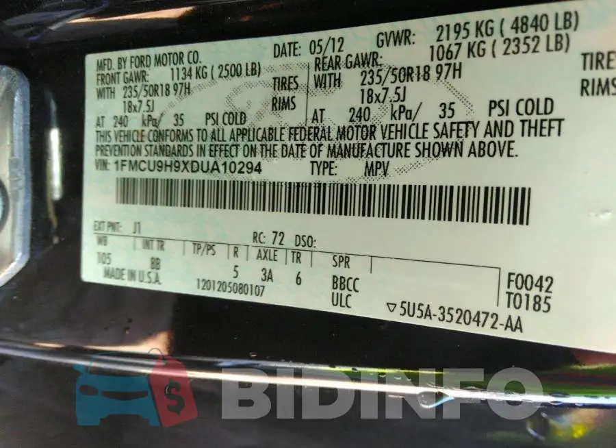 1FMCU9H9XDUA10294 Photo# 9