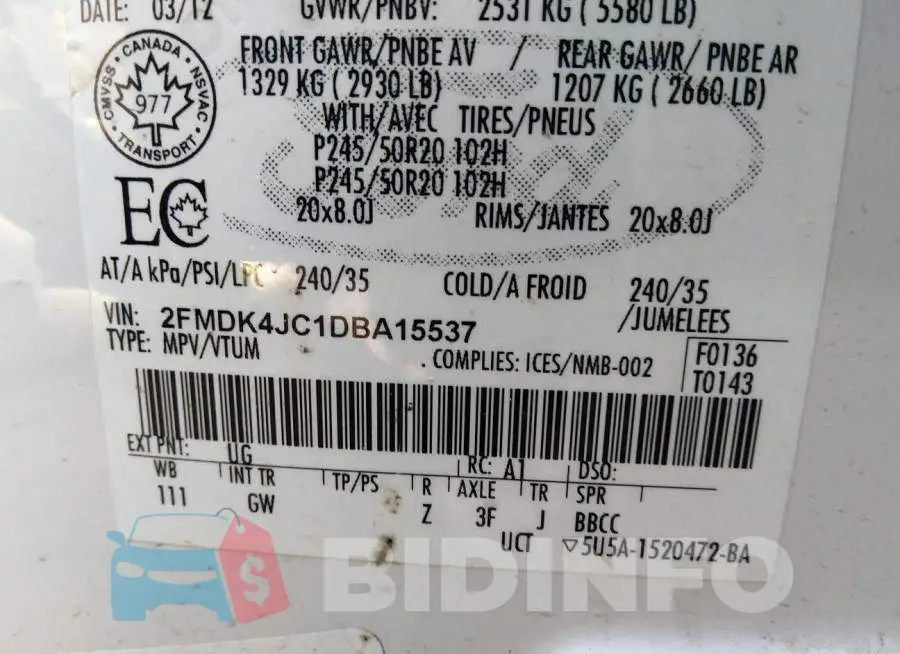 2FMDK4JC1DBA15537 Photo# 9
