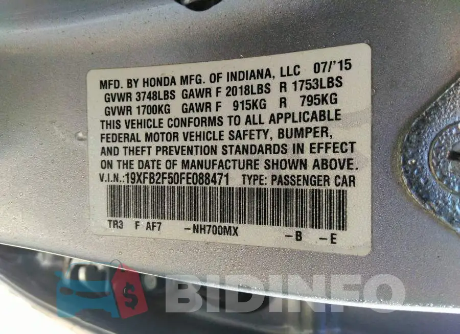 19XFB2F50FE088471 Photo# 9