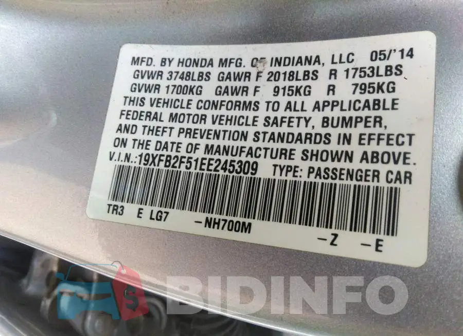 19XFB2F51EE245309 Photo# 9