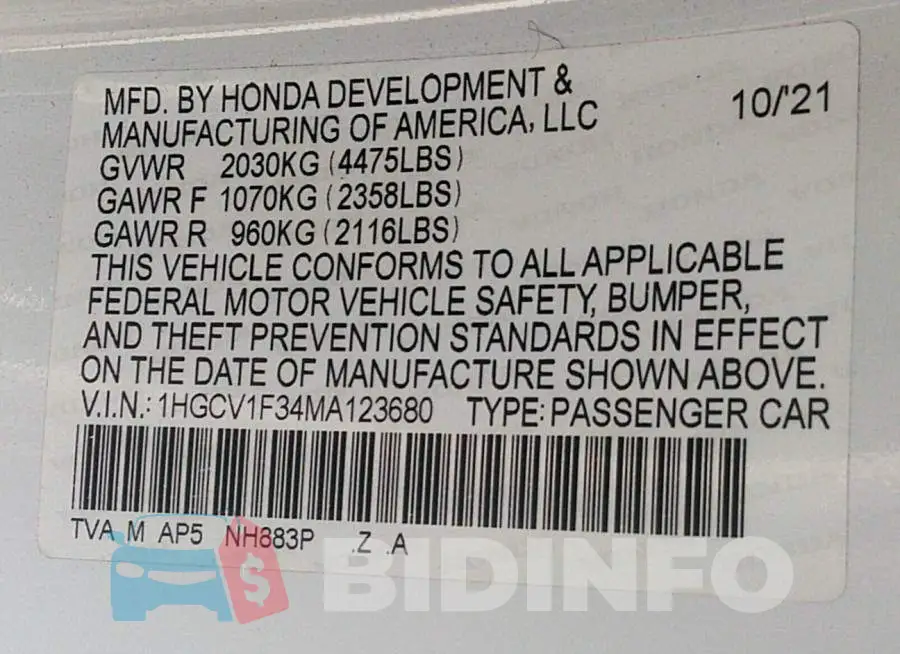 1HGCV1F34MA123680 Photo# 9