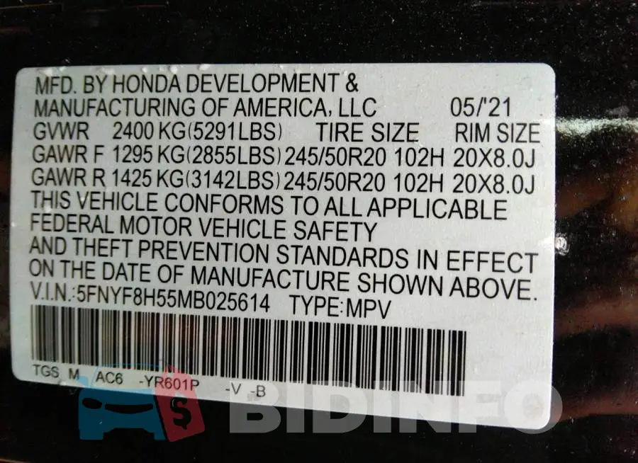 5FNYF8H55MB025614 Photo# 9