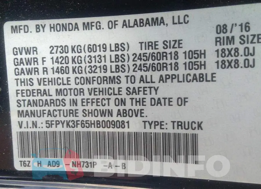 5FPYK3F65HB009081 Photo# 9