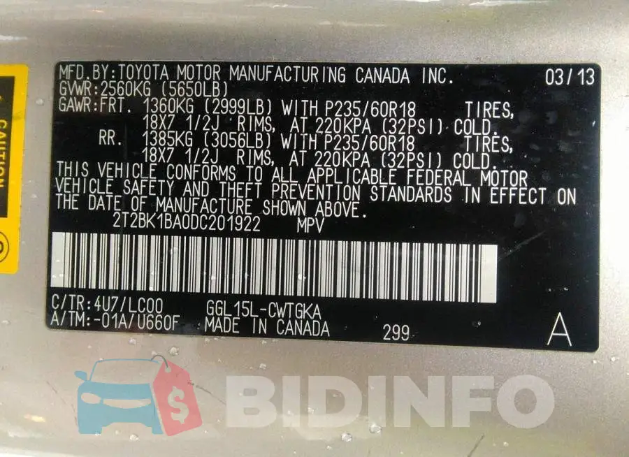 2T2BK1BA0DC201922 Photo# 9