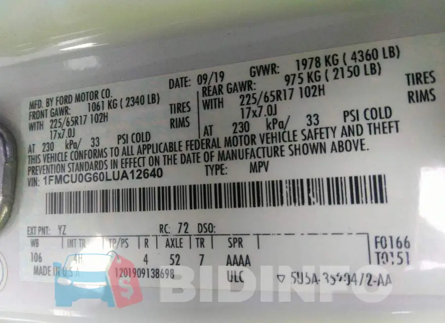1FMCU0G60LUA12640 Photo# 9