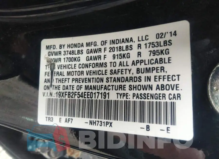 19XFB2F54EE017191 Photo# 9