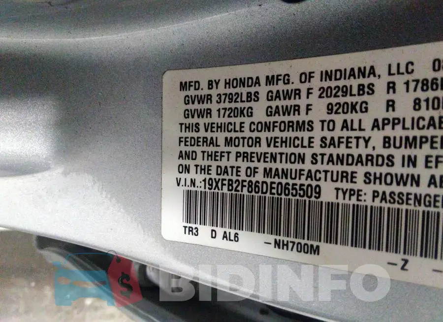 19XFB2F86DE065509 Photo# 9