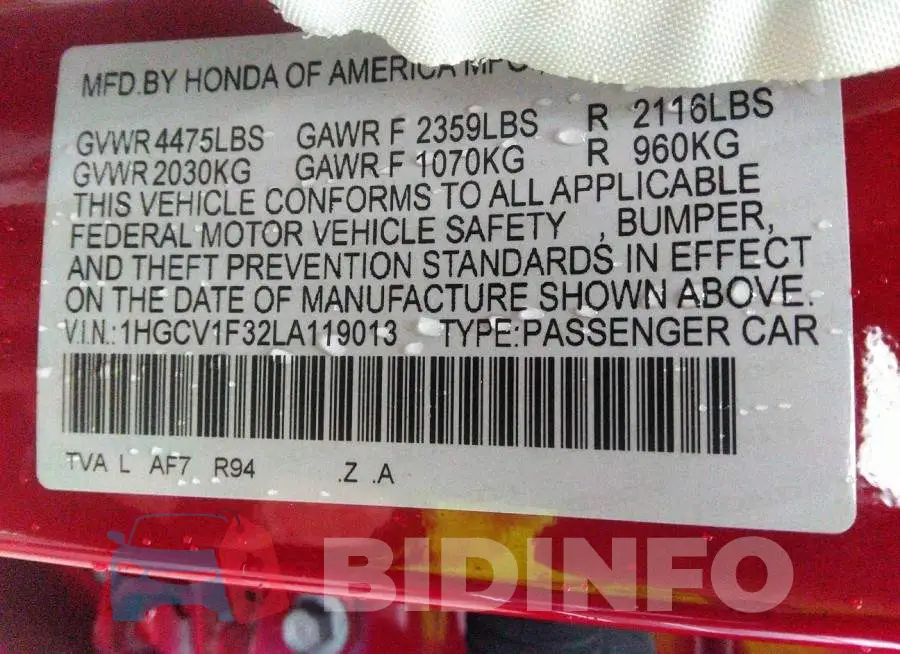 1HGCV1F32LA119013 Photo# 9