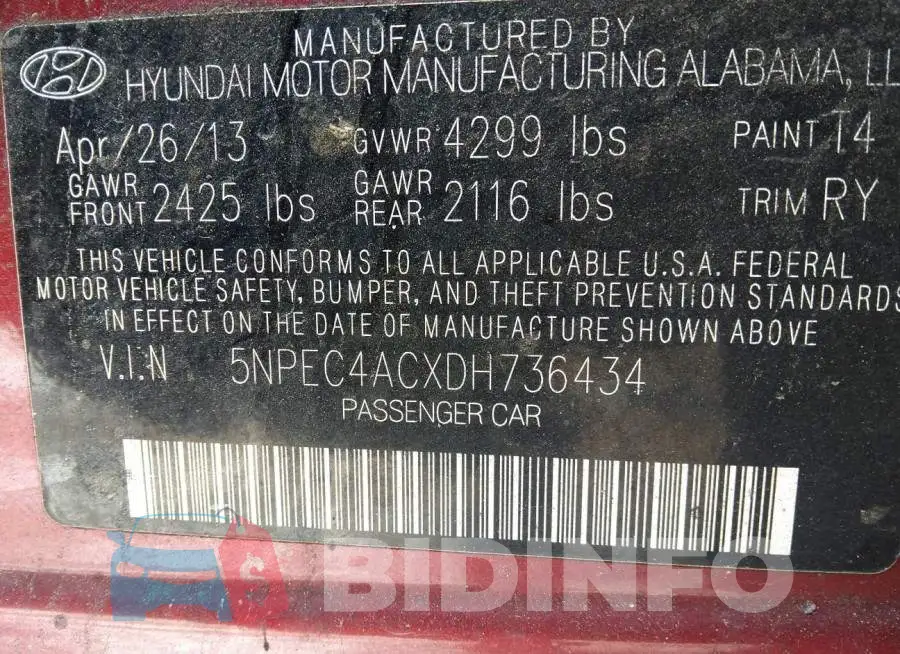 5NPEC4ACXDH736434 Photo# 9