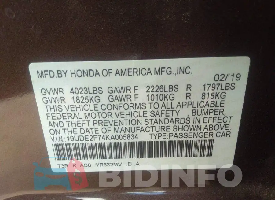 19UDE2F74KA005834 Photo# 9
