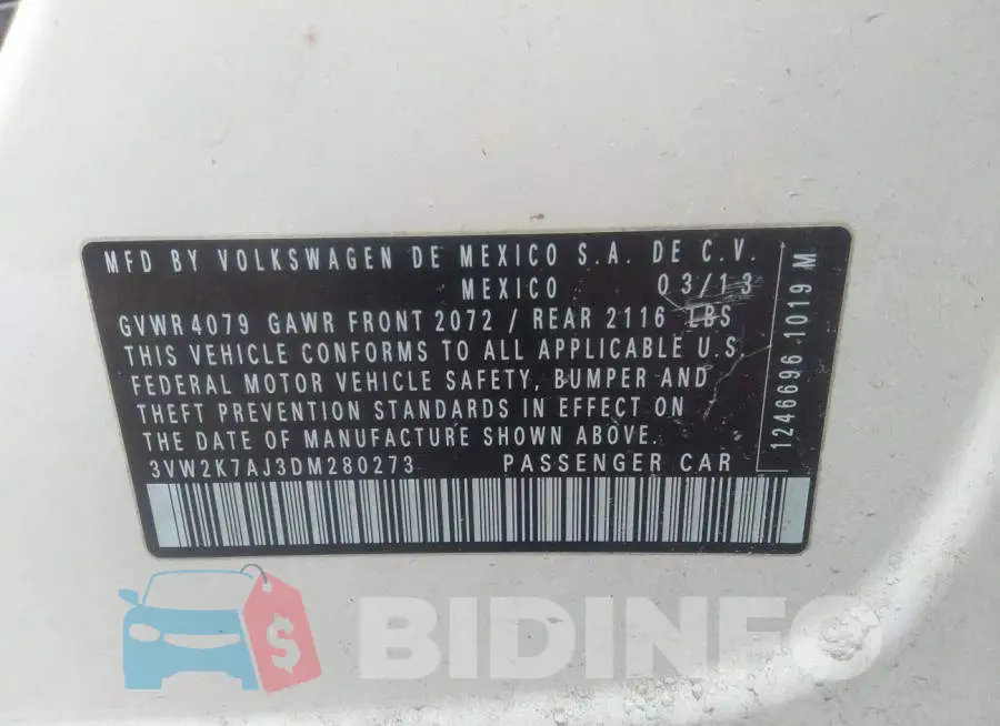 3VW2K7AJ3DM280273 Photo# 9
