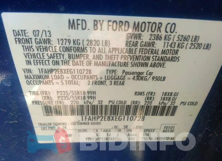 1FAHP2E8XEG110728 Photo# 9