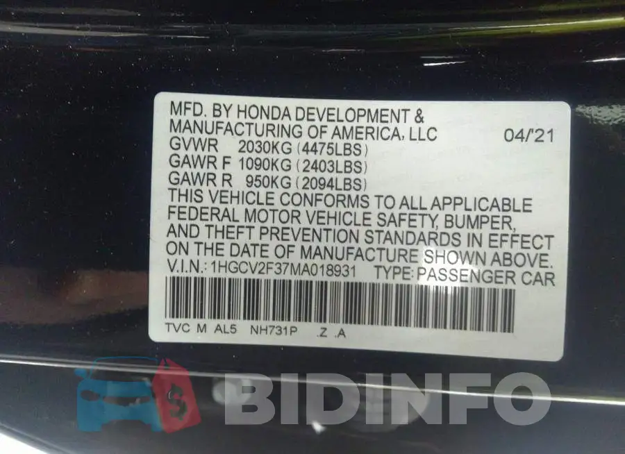 1HGCV2F37MA018931 Photo# 9