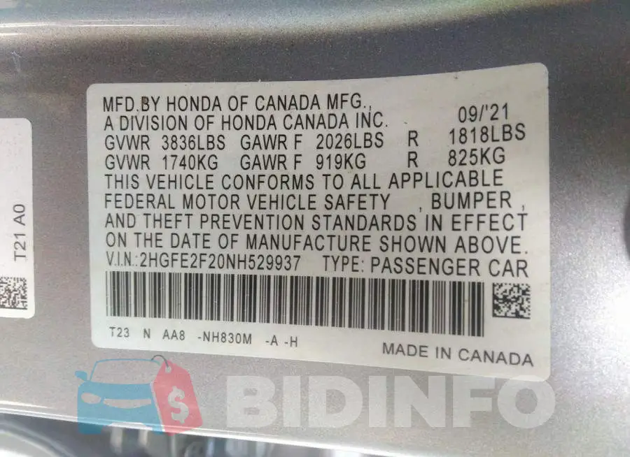 2HGFE2F20NH529937 Photo# 9