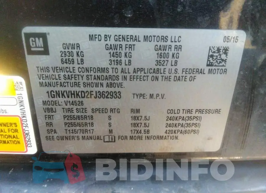 1GNKVHKD2FJ362933 Photo# 9