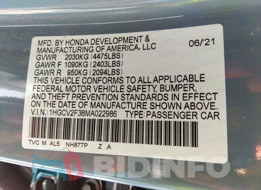 1HGCV2F38MA022986 Photo# 9